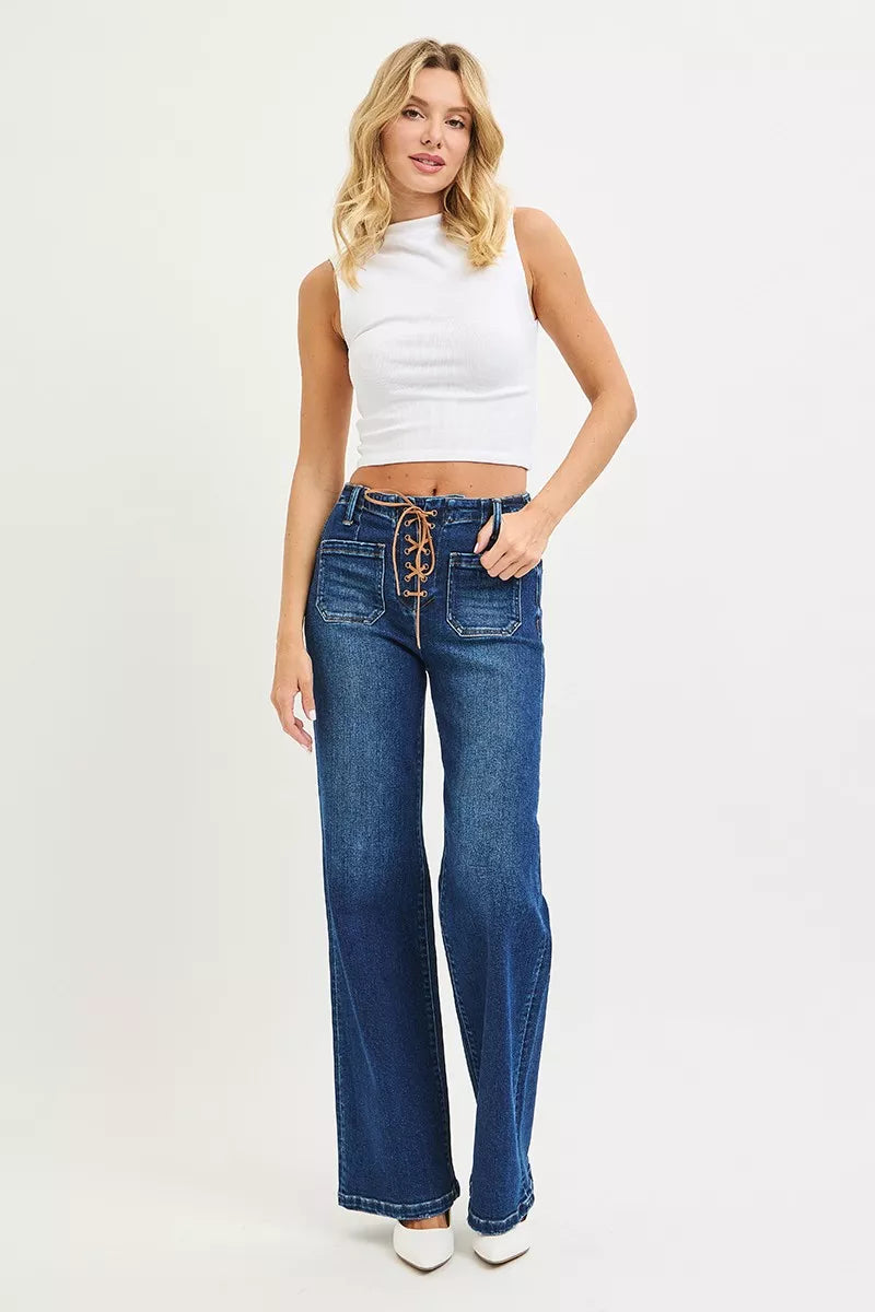 Full Size High Rise Wide Leg Jeans with Front Tie Detail Plus Size