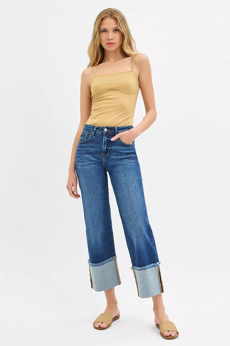 Full Size Mid Rise Crop Wide Wide Cuffed Jeans Plus Size