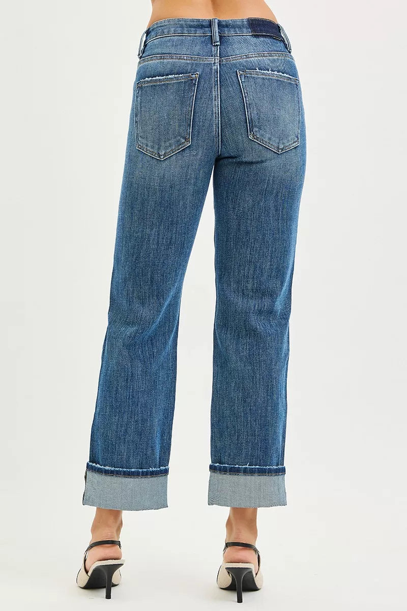 Full Size 4 Way Stretch Slouchy Straight Jeans with Cuffed Hem Plus Size