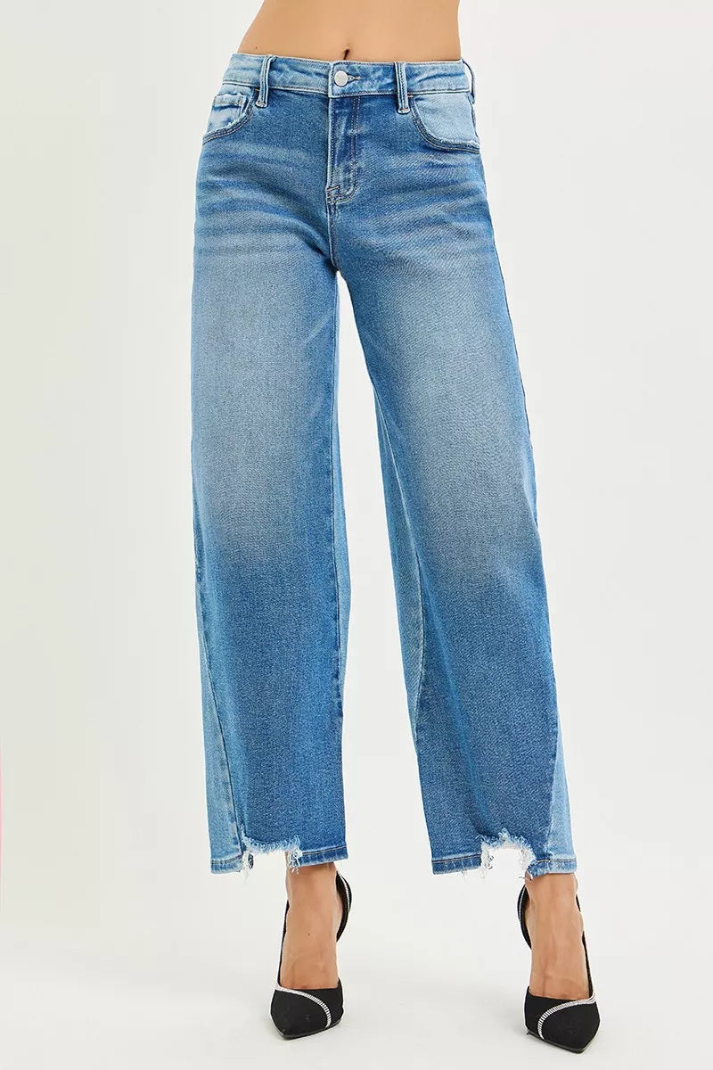 Full Size Slouchy Cropped Barrel Jeans with Contrast Wash Plus Size